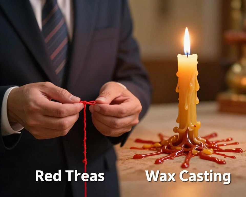 A vivid visual comparison of two distinct superstition practices: the "Red Thread" and "Wax Casting." In the foreground, a close-up view of a person's hands gently holding a crimson thread, symbolizing protection and connection. Their attire is professional yet modest, reflecting cultural significance. In the middle ground, a melting candle drips wax onto a surface, capturing a mystical atmosphere as the molten wax shapes into intricate patterns. The background is softly blurred to highlight the main subjects, with warm candlelight creating a comforting glow. Overall, the scene conveys a sense of tradition and spirituality, evoking curiosity about the cultural practices associated with these superstitions. The lighting is warm and inviting, enhancing the mood of contemplation and reverence. A vivid visual comparison of two distinct superstition practices: the "Red Thread" and "Wax Casting." In the foreground, a close-up view of a person's hands gently holding a crimson thread, symbolizing protection and connection. Their attire is professional yet modest, reflecting cultural significance. In the middle ground, a melting candle drips wax onto a surface, capturing a mystical atmosphere as the molten wax shapes into intricate patterns. The background is softly blurred to highlight the main subjects, with warm candlelight creating a comforting glow. Overall, the scene conveys a sense of tradition and spirituality, evoking curiosity about the cultural practices associated with these superstitions. The lighting is warm and inviting, enhancing the mood of contemplation and reverence.