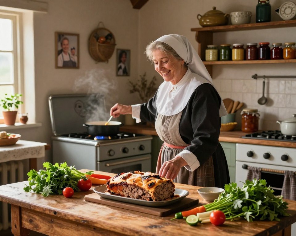 A warm and inviting traditional kitchen setting inspired by Sister Aniela. In the foreground, a rustic wooden table is adorned with freshly baked meatloaf, surrounded by vibrant herbs and vegetables. In the middle, a cheerful, modestly dressed woman, representing Sister Aniela, stirs a pot on an old-fashioned stove under a gentle beam of sunlight filtering through a window. The walls are decorated with vintage kitchenware and family photos, evoking a sense of history and tradition. The background reveals shelves filled with jars of preserves and spices, enhancing the homey atmosphere. The scene conveys warmth, nostalgia, and a celebration of culinary heritage, captured in soft, natural lighting for an inviting feel.