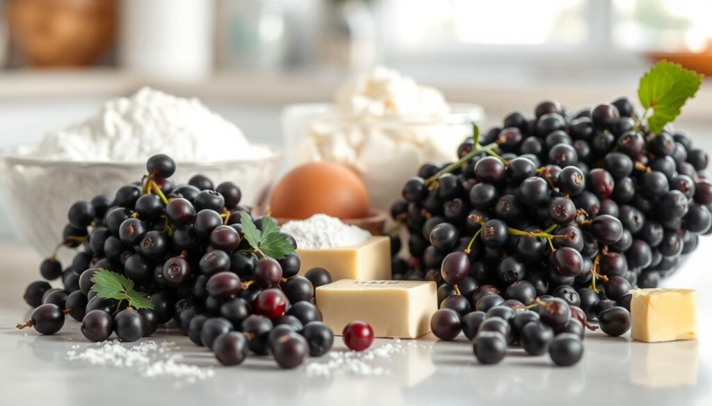 A well-lit kitchen counter displaying an assortment of fresh black currants, sugar, flour, eggs, and butter. The ingredients are artfully arranged, creating a visually appealing still life. The soft, natural lighting casts gentle shadows, highlighting the vibrant colors and textures of the produce. The overall composition evokes a sense of homemade baking and the warmth of a cozy kitchen. The background is pleasantly blurred, keeping the focus on the delectable ingredients ready to be transformed into a delightful porzeczkowiec, or black currant cake.