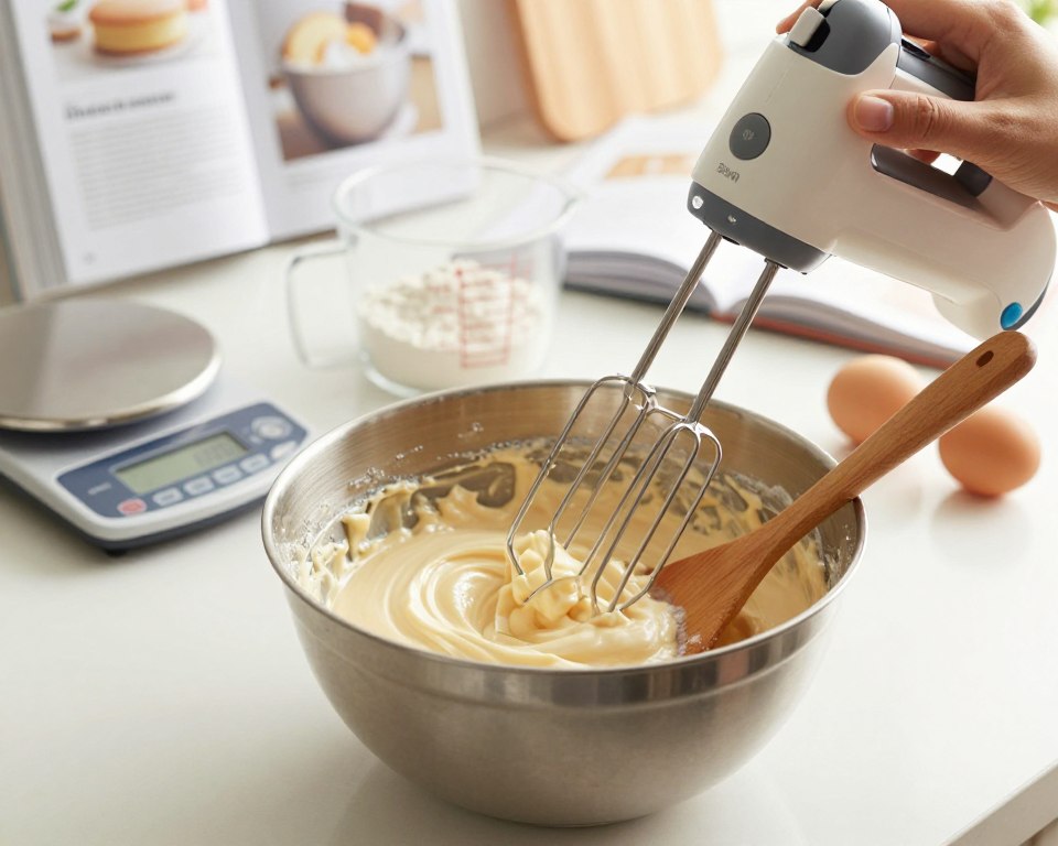 A well-lit kitchen scene showcasing various techniques of beating and mixing sponge cake batter. In the foreground, a stainless steel mixing bowl filled with creamy batter, a hand mixer with whisks spinning, and a wooden spatula resting against the bowl. In the middle, a set of measuring cups with flour and eggs, and a digital scale on a clean countertop, emphasizing precision in baking. In the background, an open cookbook displaying a recipe, soft natural light streaming through a window, creating a warm and inviting atmosphere. Focus on a soft depth of field to highlight the mixing action, conveying a sense of culinary artistry and the importance of technique in achieving a fluffy sponge cake.