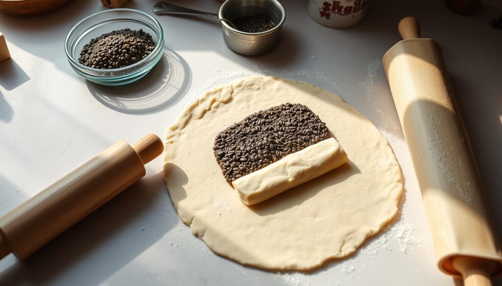 High-resolution image of a detailed step-by-step preparation of a poppy seed roll (seromakowiec) using a ready-made poppy seed filling. The frame shows a light-filled kitchen counter with various tools and ingredients laid out, including a rolling pin, a bowl of poppy seed filling, and a sheet of dough. The focus is on the process of shaping and rolling the dough around the filling, with natural light casting soft shadows and highlights. The composition emphasizes the textural contrast between the smooth dough and the grainy poppy seed filling. The overall mood is one of thoughtful, hands-on culinary craftsmanship.