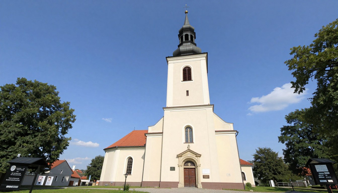 Kościół parafialny św. Wawrzyńca w Gołańczy z widoczną tablicą ogłoszeń parafialnych