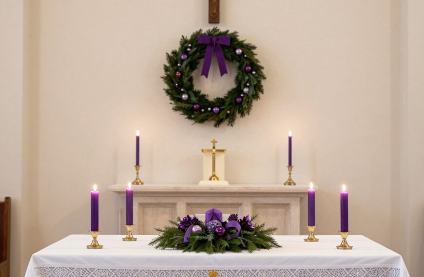 Kościół udekorowany na adwent z wieńcem adwentowym i fioletowymi elementami
