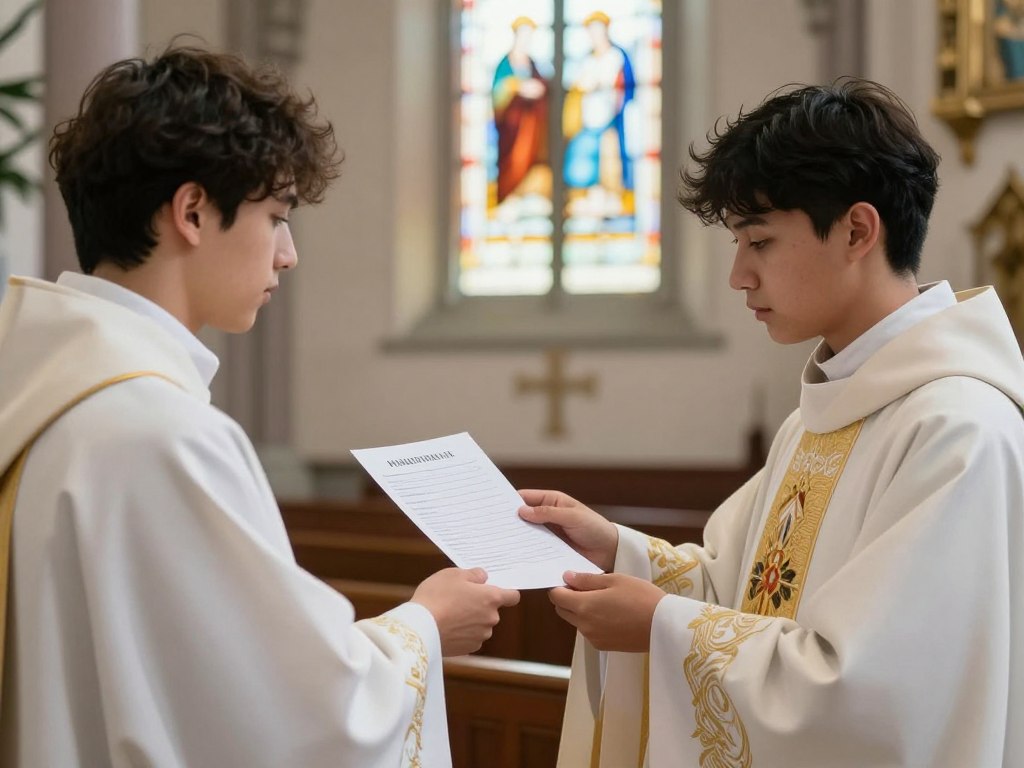 Młoda osoba wręczająca podanie do bierzmowania księdzu