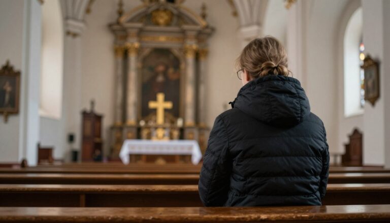 Osoba modląca się przed spowiedzią w kościele w Lublinie