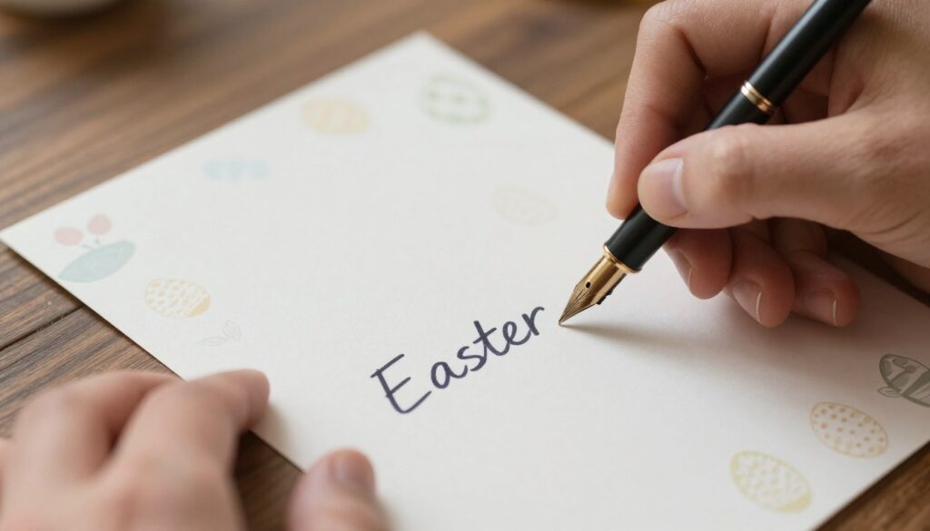 Osoba pisząca odręcznie życzenia na kartce na Wielką Sobotę