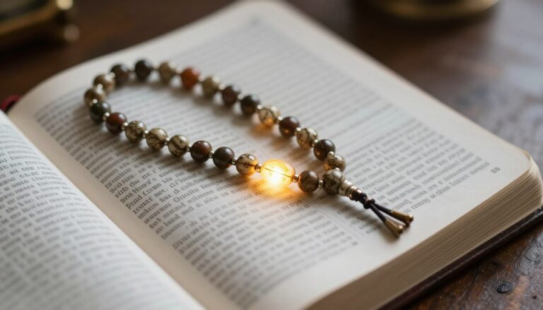 Różaniec z tajemnicami światła ułożony na otwartej Biblii