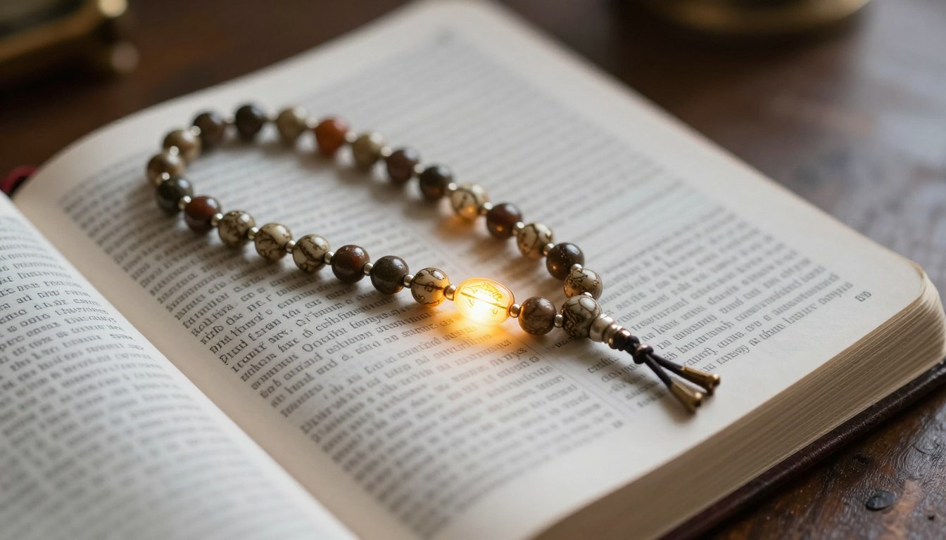 Różaniec z tajemnicami światła ułożony na otwartej Biblii
