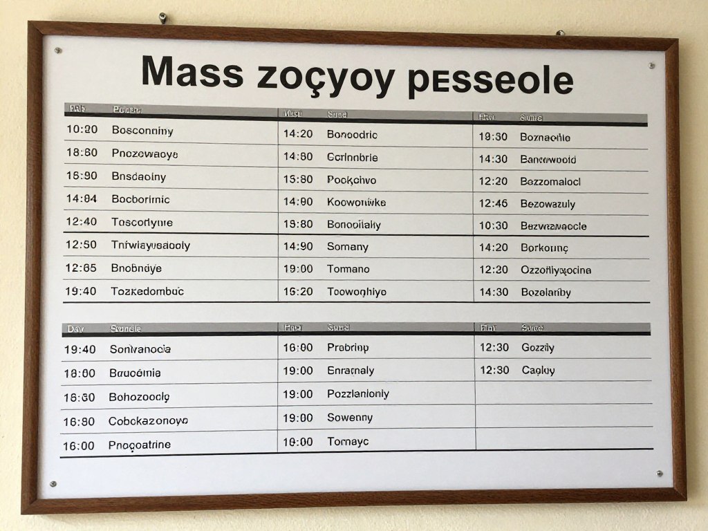 Tablica z godzinami mszy świętych w różnych parafiach