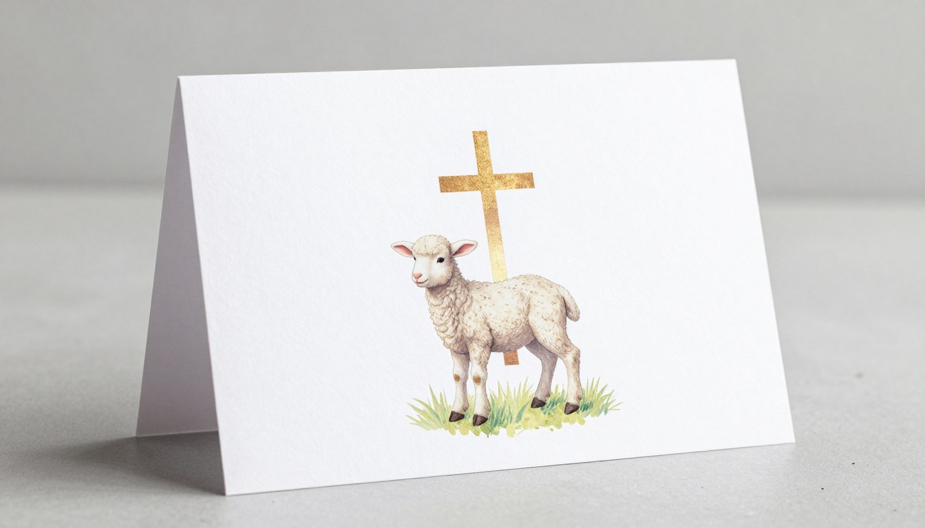 Tradycyjna kartka na Wielką Sobotę z motywem barankiem i krzyżem