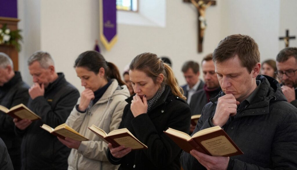 Wierni modlący się podczas nabożeństwa Gorzkich Żali w okresie Wielkiego Postu Wierni modlący się podczas nabożeństwa Gorzkich Żali w okresie Wielkiego Postu
