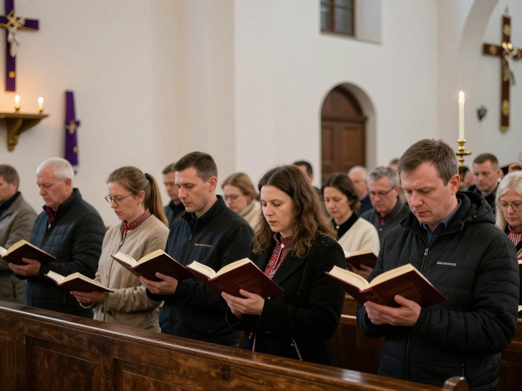 Wierni śpiewający hymn drugiej części Gorzkich Żali w kościele Wierni śpiewający hymn drugiej części Gorzkich Żali w kościele