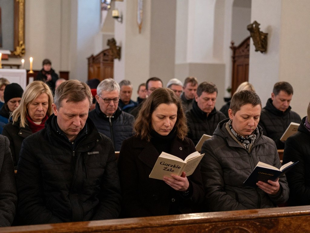 Wierni zgromadzeni w kościele podczas nabożeństwa Gorzkich Żali, śpiewający początkową Pobudkę Wierni zgromadzeni w kościele podczas nabożeństwa Gorzkich Żali, śpiewający początkową Pobudkę