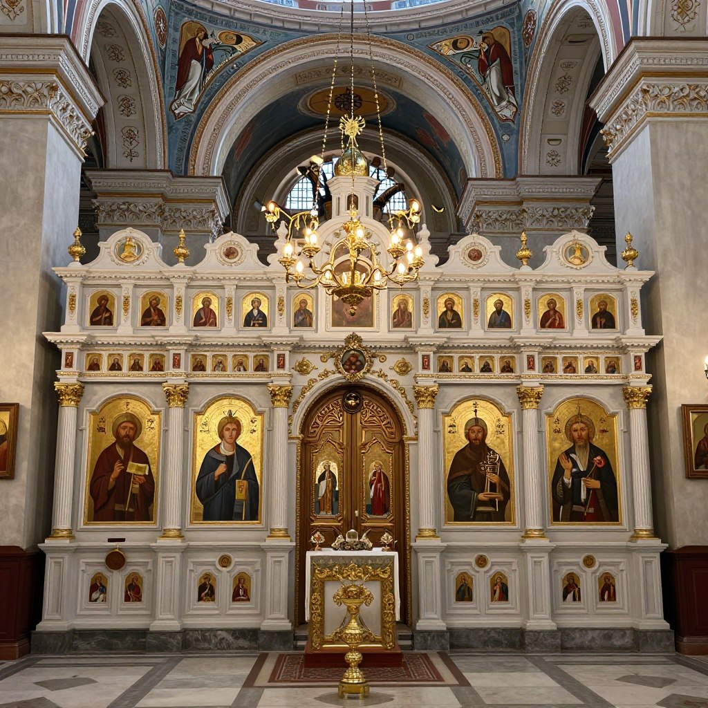 Wnętrze cerkwi prawosławnej z ikonami i ikonostasem