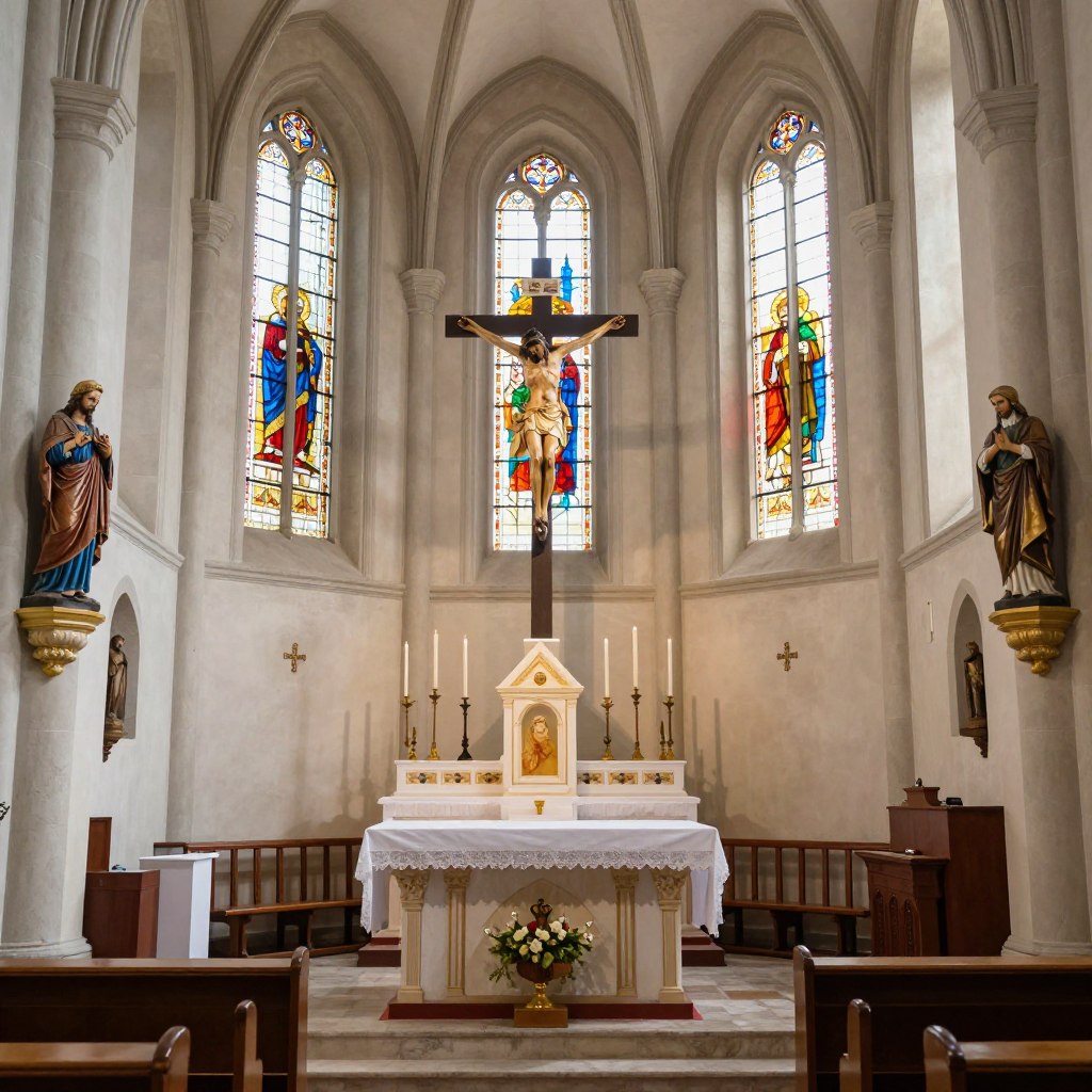 Wnętrze katolickiego kościoła z charakterystycznymi elementami