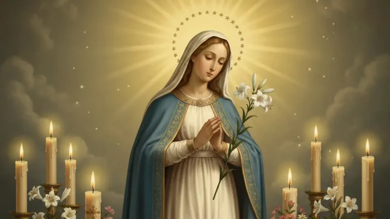 Kalendarz świąt maryjnych - Matka Boża z lilią i świecami na tle kościoła