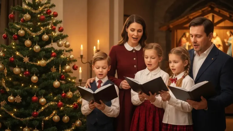 Rodzina śpiewająca kolędy polskie przy choince w Boże Narodzenie