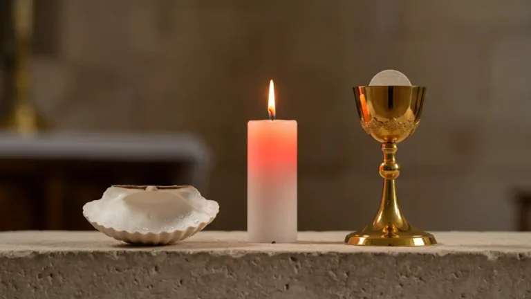 Trzy sakramenty wtajemniczenia chrześcijańskiego - chrzest, bierzmowanie i Eucharystia symbolizowane przez wode, ogien i chleb