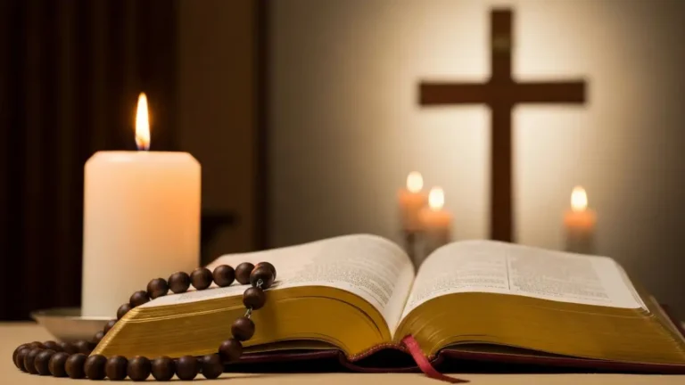 Otwarta Biblia i drewniane korale różańca na ołtarzu kościelnym z symbolem krzyża w tle