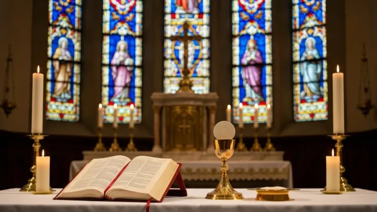 Ołtarz podczas Mszy Świętej z otwartym Mszałem i kielichem eucharystycznym