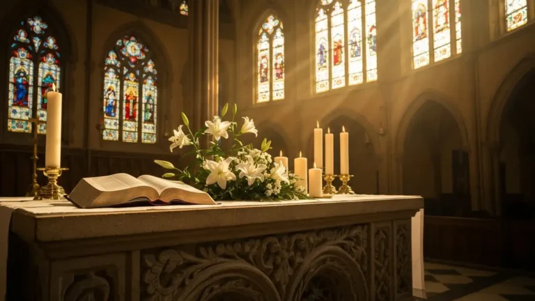 Otwarta Biblia na ołtarzu podczas ceremonii ślubnej w kościele katolickim