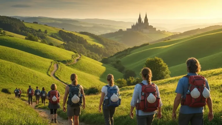Pielgrzymi na szlaku Camino de Santiago wsrod zielonych wzgorz z plecakami i muszelka swietego Jakuba