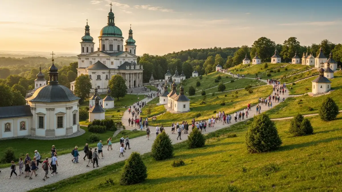 Panorama Kalwarii Zebrzydowskiej z bazyliką i kaplicami wśród zielonych wzgórz