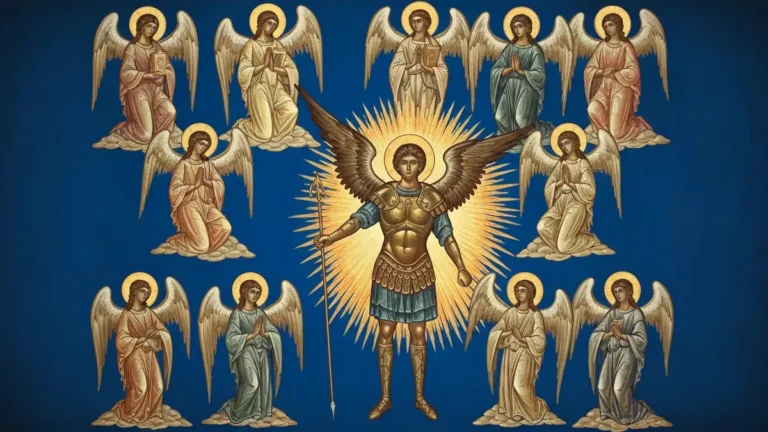 Święty Michał Archanioł otoczony dziewięcioma chórami anielskimi - ilustracja do koronki