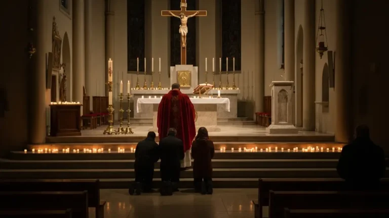 Adoracja Krzyża podczas Liturgii Męki Pańskiej w Wielki Piątek w kościele katolickim