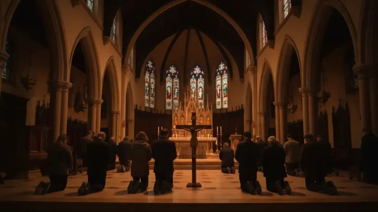 Adoracja krzyża w kościele podczas liturgii Wielkiego Piątku