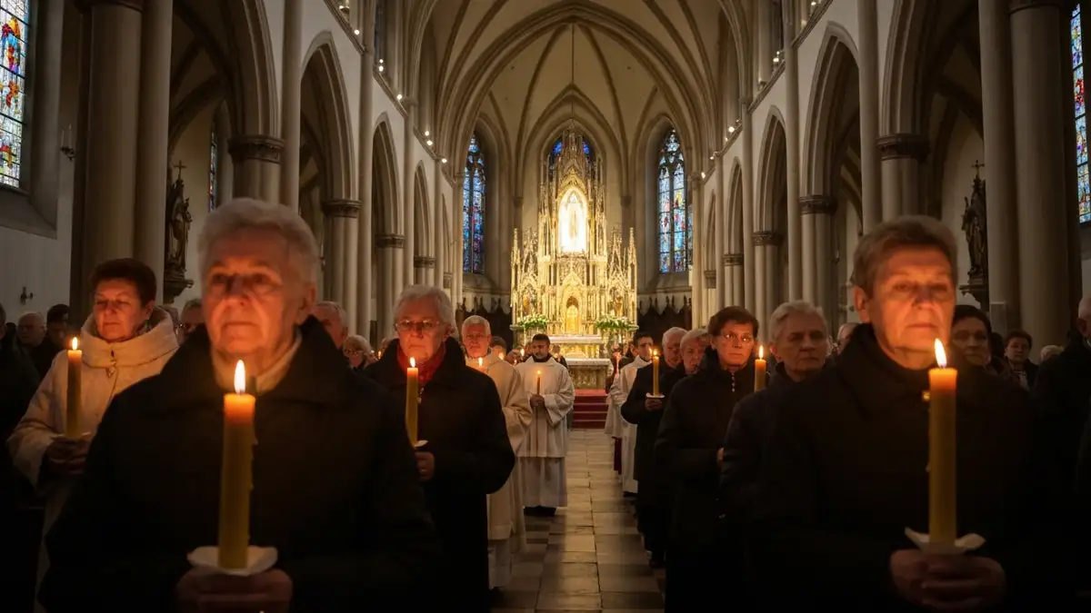 Procesja wiernych ze świecami gromniczkami w kościele katolickim podczas Matki Bożej Gromnicznej 2 lutego