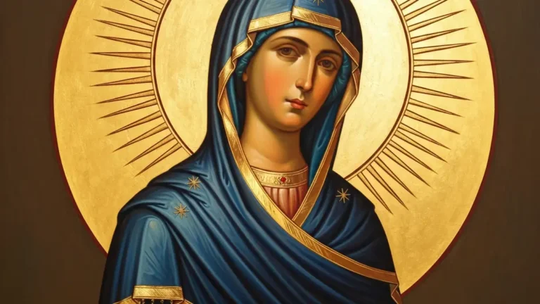 Najświętsza Maryja Panna - ikona Matki Bożej w otoczeniu swiatla i zlotej aureoli, styl tradycyjny katolicki