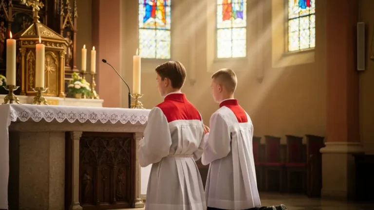 Ministranci w białych komżach służący przy ołtarzu podczas Mszy Świętej w kościele katolickim