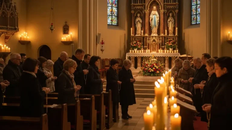 Wierni odmawiający różaniec wspólnie w kościele podczas październikowego nabożeństwa maryjnego