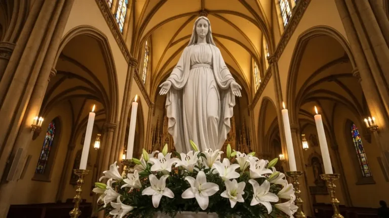 Figura Niepokalanej Maryi Panny otoczona białymi liliami i adwentowymi świecami w kościele katolickim