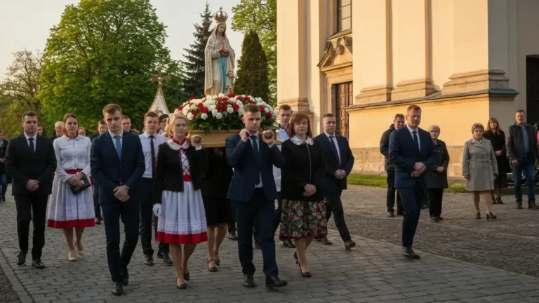 Procesja maryjna w uroczystość NMP Królowej Polski 3 maja przed kościołem parafialnym