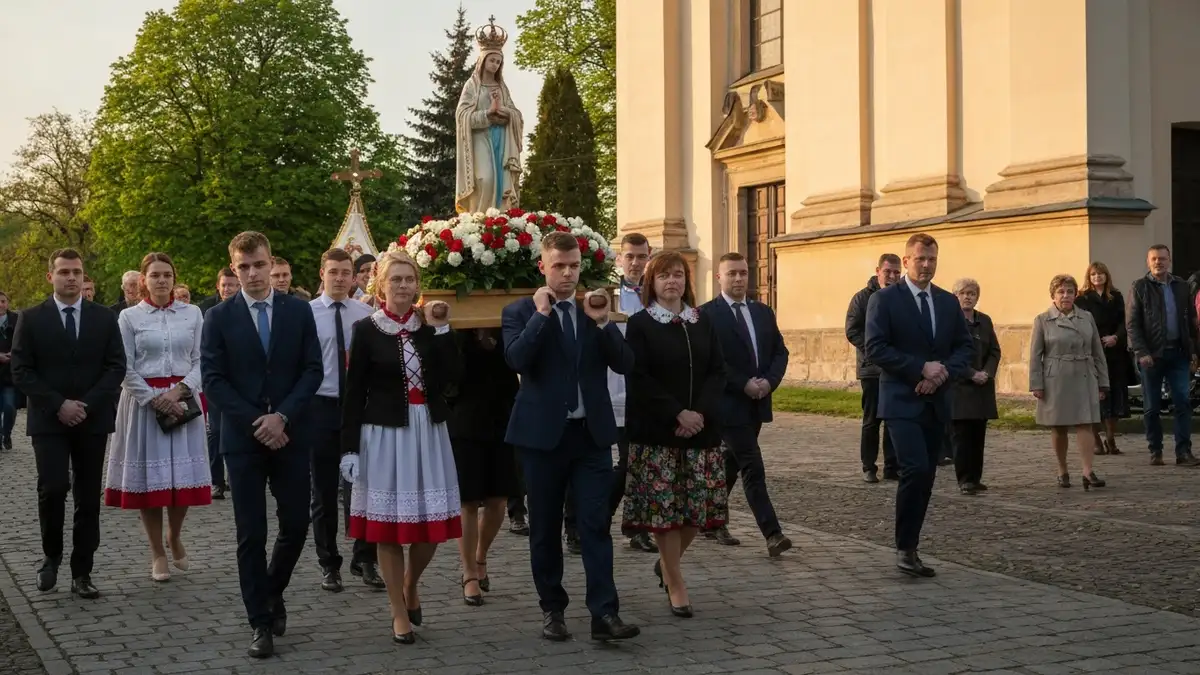 Procesja maryjna w uroczystość NMP Królowej Polski 3 maja przed kościołem parafialnym
