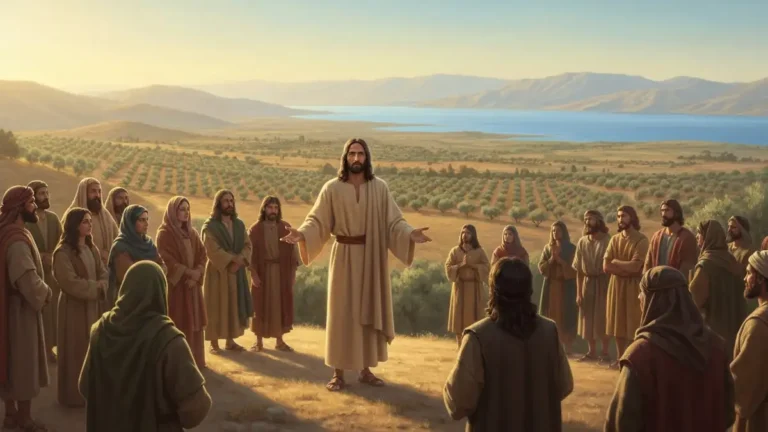 Jezus Chrystus wygłaszający Kazanie na Górze do tłumu wiernych