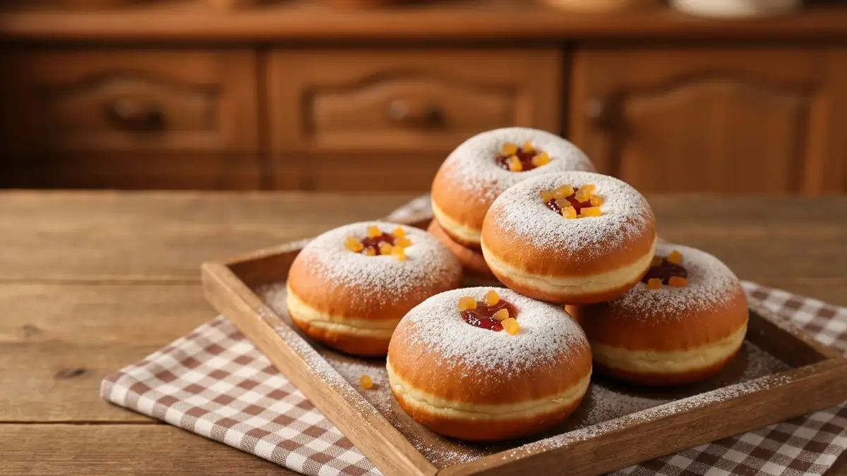 Pączki domowe na tłusty czwartek ułożone na drewnianej tacy, posypane cukrem pudrem i udekorowane skórką pomarańczową