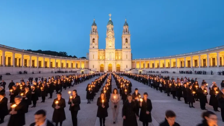 Sanktuarium w Fatimie - plac z bazyliką i pielgrzymami podczas procesji różańcowej