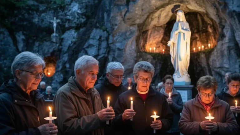 Pielgrzymi modlący się przed Grotą Massabielle w Lourdes przy świecach nocą