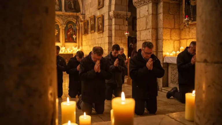 Pielgrzymi modlący się przy Grobie Pańskim w Bazylice Grobu Pańskiego w Jerozolimie
