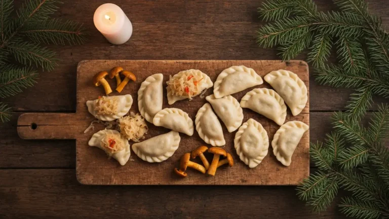 Pierogi z kapustą i grzybami ułożone na drewnianej desce wigilijnej z gałązkami świerku i świecą