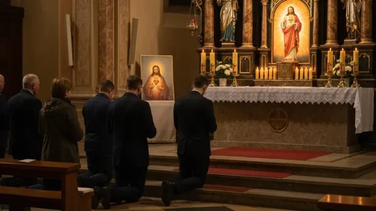 Wierni klęczący przed ołtarzem podczas nabożeństwa pierwszych piątków miesiąca w kościele katolickim