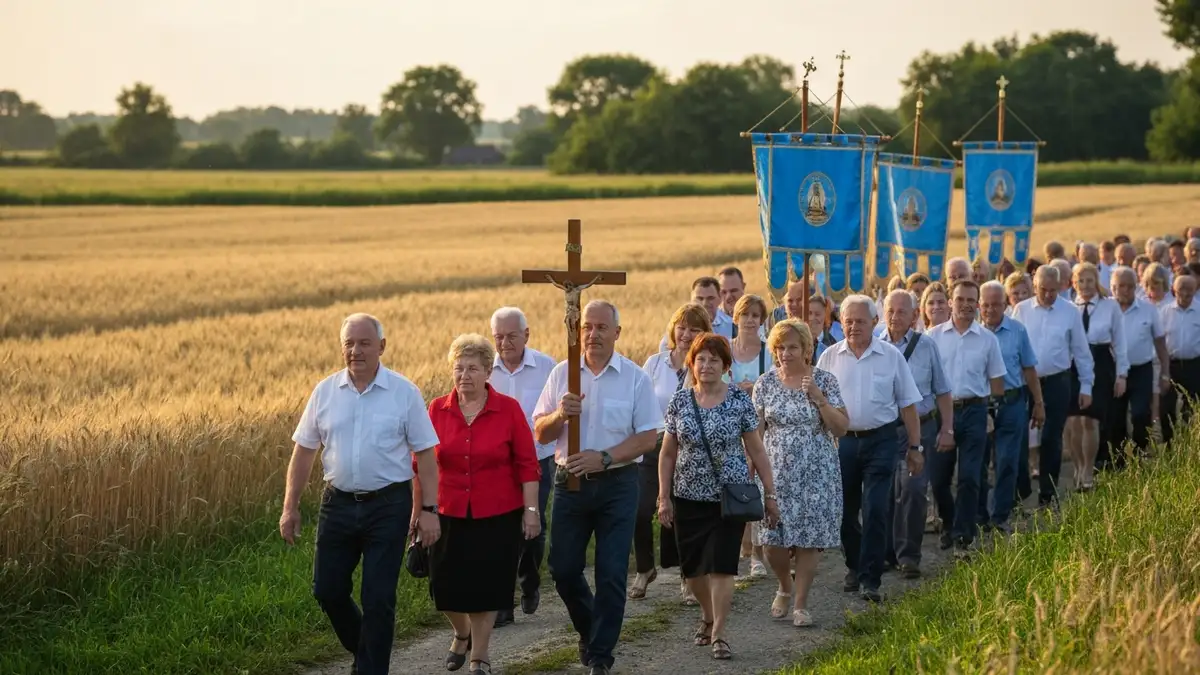 Grupa pielgrzymow w drodze na Jasna Gore niosacych krzyz i flagi maryjne