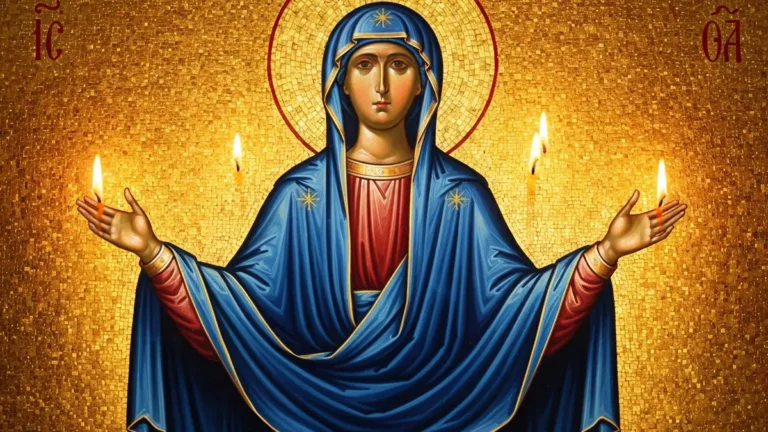 Ikona Matki Bożej z rozłożonymi ramionami w geście ochrony na tle złotego tła, styl bizantyjski