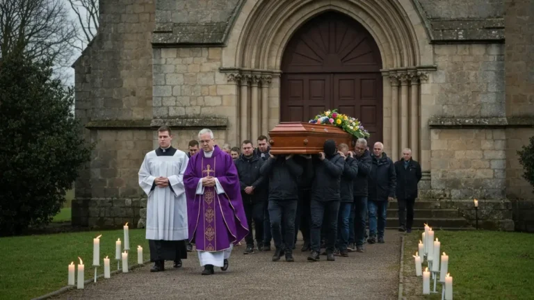 Procesja pogrzebowa do kościoła katolickiego z trumną i kapłanem w szatach liturgicznych