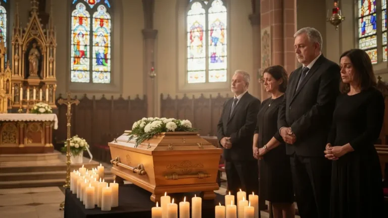 Rodzina stojąca przy trumnie podczas katolickiego pogrzebu w kościele, świece i kwiaty