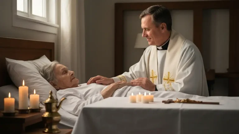 Kapłan udzielający sakramentu namaszczenia chorych przy łóżku chorego w domu