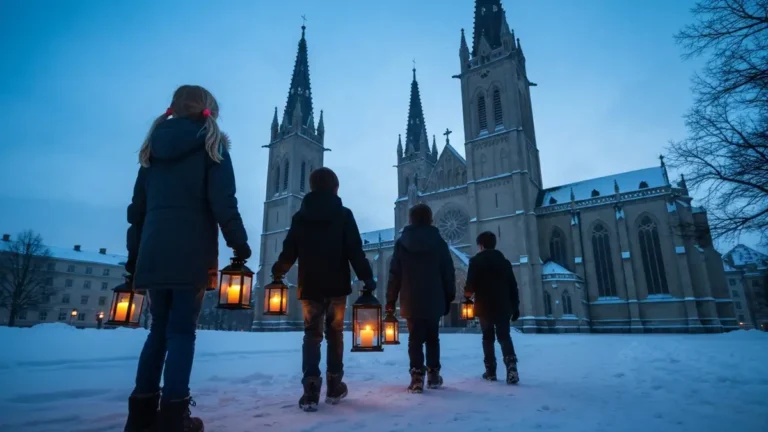 Dzieci z lampionami idące na roraty w zimowy poranek Adwentu